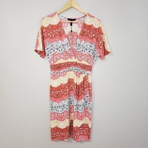 BCBGMaxAzria Small Lace Print  Patterned Faux Wrap Dress Ruched Waist NWOT